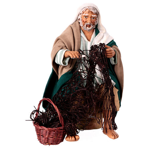 Seated fisherman spinning Neapolitan nativity scene 14 cm 1