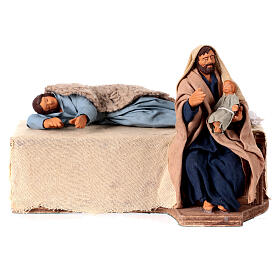 Bewegliche Krippenfigur, Heilige Familie, Joseph wiegt das Kind, neapolitanischer Stil, für 12 cm Krippe