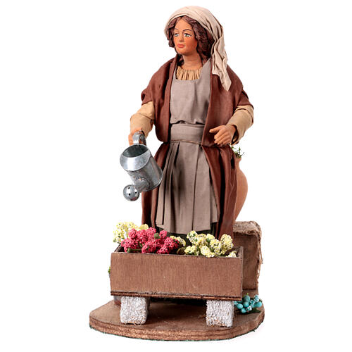 Bewegliche Krippenfigur, Blumen gießende Frau, neapolitanischer Stil, für 24 cm Krippe 1