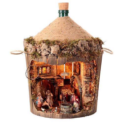 Demijohn with LED lights and 8 cm Neapolitan Nativity Scene 55x40x40 cm 1