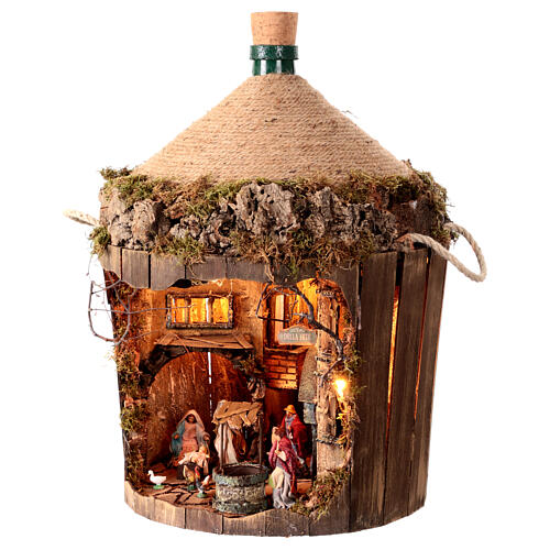 Demijohn with LED lights and 8 cm Neapolitan Nativity Scene 55x40x40 cm 3