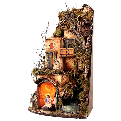 Corner Neapolitan Nativity Scene with waterfall, 50x30x30 cm, for 8 cm charcaters 3