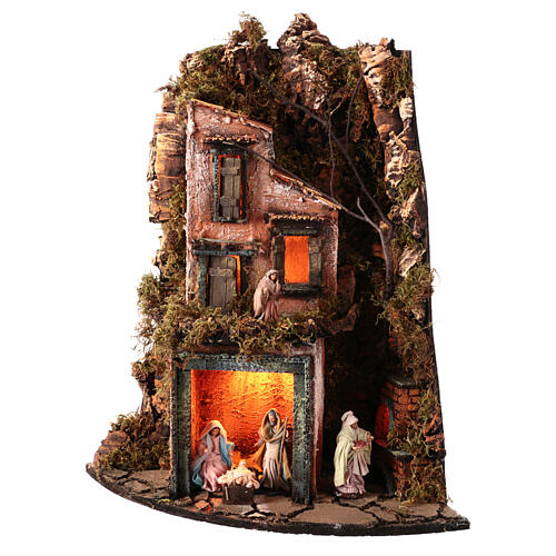 Crèche napolitaine angulaire lumières et four 50x30x30 cm pour santons de 8 cm 1