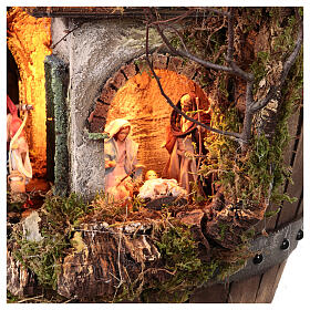 Cask with windmill, light and 8 cm Neapolitan Nativity Scene 60x35x25 cm