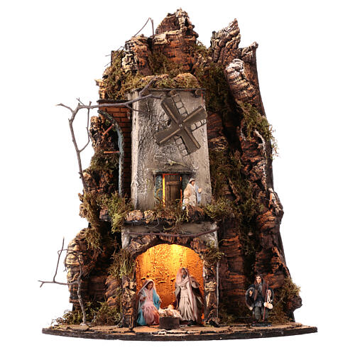 Corner setting with LEDs and windmill, 50x30x30 cm, Neapolitan Nativity Scene of 10 cm 1