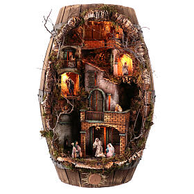 Barrel with fountain, light and 8 cm Neapolitan Nativity Scene 80x50x30 cm