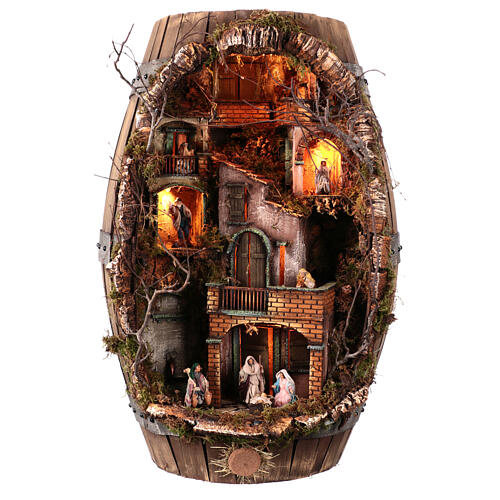 Barrel with fountain, light and 8 cm Neapolitan Nativity Scene 80x50x30 cm 1