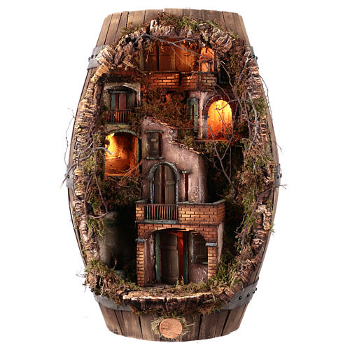 Barrel with fountain, light and 8 cm Neapolitan Nativity Scene 80x50x30 cm 7