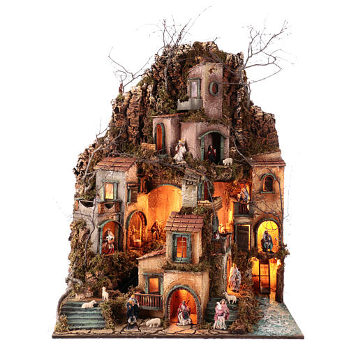 Neapolitan Nativity Scene with mill and waterfall, LED lights, 90x70x50 cm, for 8 cm characters 1