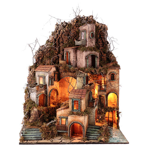 Neapolitan Nativity Scene with mill and waterfall, LED lights, 90x70x50 cm, for 8 cm characters 10