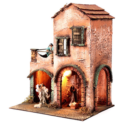 Red house with Nativity and LED lights, Neapolitan Nativity Scene of 6 cm, 30x25x20 cm 2