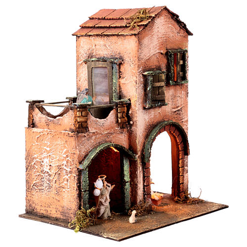 Red house with Nativity and LED lights, Neapolitan Nativity Scene of 6 cm, 30x25x20 cm 3