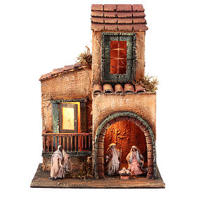 Two-storey house with Nativity of 6 cm and LED lights, Neapolitan Nativity Scene, 30x20x20 cm