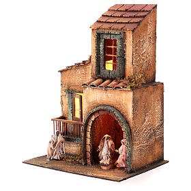 Two-storey house with Nativity of 6 cm and LED lights, Neapolitan Nativity Scene, 30x20x20 cm