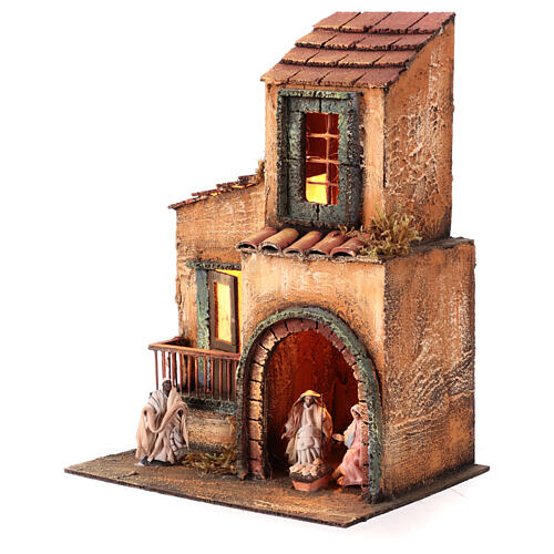 Two-storey house with Nativity of 6 cm and LED lights, Neapolitan Nativity Scene, 30x20x20 cm 2