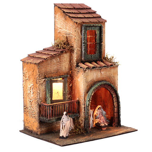 Two-storey house with Nativity of 6 cm and LED lights, Neapolitan Nativity Scene, 30x20x20 cm 3