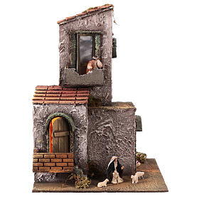 Grey house with LED lights and 6 cm figurines, Neapolitan Nativity Scene, 35x25x25 cm