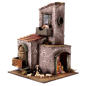 Grey house with LED lights and 6 cm figurines, Neapolitan Nativity Scene, 35x25x25 cm