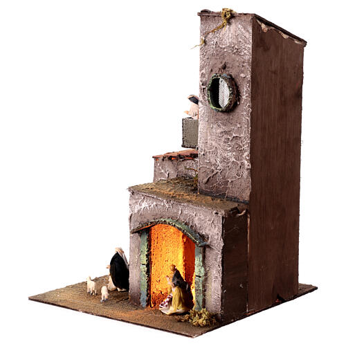 Grey house with LED lights and 6 cm figurines, Neapolitan Nativity Scene, 35x25x25 cm 3