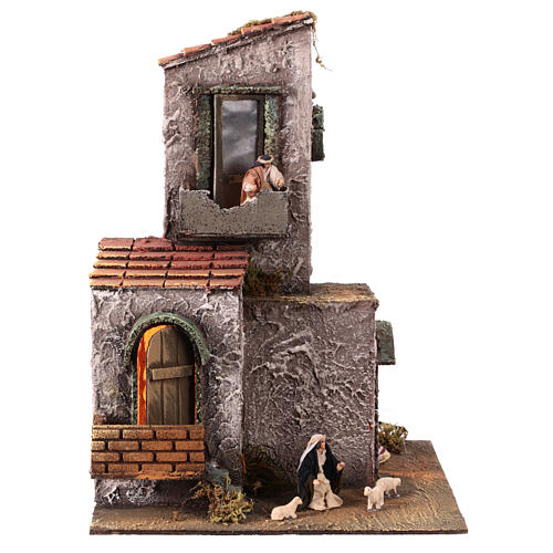 Casa de alvenaria com figuras e luzes LED 35x25x25 cm presépio napolitano 6 cm 1