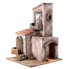 Grey house with LED lights for 6 cm Neapolitan Nativity Scene, 35x25x25 cm