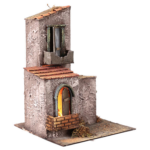 Grey house with LED lights for 6 cm Neapolitan Nativity Scene, 35x25x25 cm 3