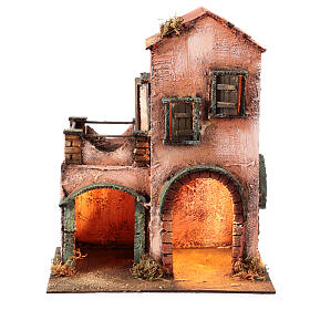 Red house with LED lights for Neapolitan Nativity Scene of 6 cm, 30x25x20 cm