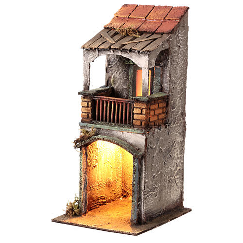 Casa dois andares com pórtico e luz LED 30x15x15 cm presépio napolitano 8 cm 2