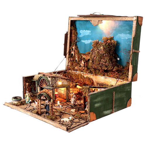 Grande valise crèche complète avec Nativité 6 cm et volcan 55x60x60 cm 3