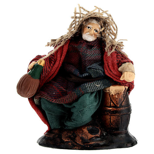 Old drinker with a flask of wine by a barrel, 10 cm terracotta Neapolitan Nativity Scene 1