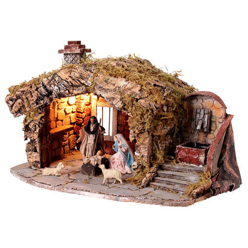 Cabane crèche napolitaine 12 cm avec effet briques et fontaine 40x25x30 cm 3