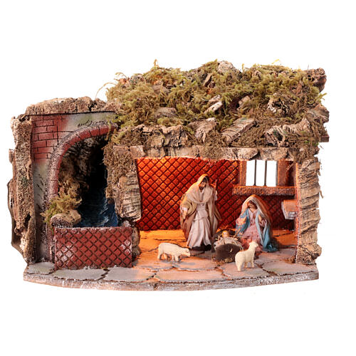 Stable with waterfall and 10 cm Nativity Scene, 30x40x30 cm 1