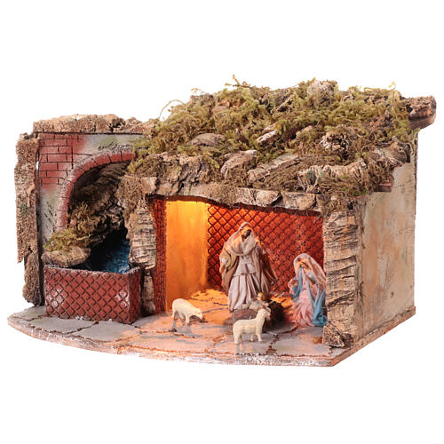 Nativity scene stable with waterfall complete 10 cm 30x40x30 cm 3