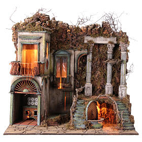 Neapolitan Nativity Scene village with columns and fountain, 18 cm characters, 90x100x50 cm