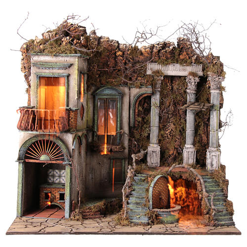 Neapolitan Nativity Scene village with columns and fountain, 18 cm characters, 90x100x50 cm 1