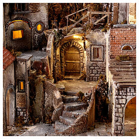 Krippenszenerie, Dorf vor Felswand, mit Brunnen und Ofen, neapolitanischer Stil, für 10 cm Krippe, 100x90x70 cm