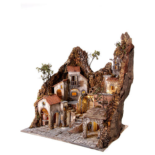 Krippenszenerie, Dorf vor Felswand, mit Brunnen und Ofen, neapolitanischer Stil, für 10 cm Krippe, 100x90x70 cm 3