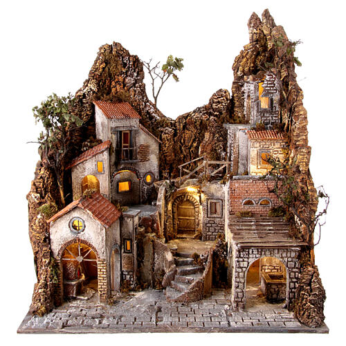 Neapolitan Nativity Scene village for 10 cm characters with oven and fountain, 100x90x70 cm 1