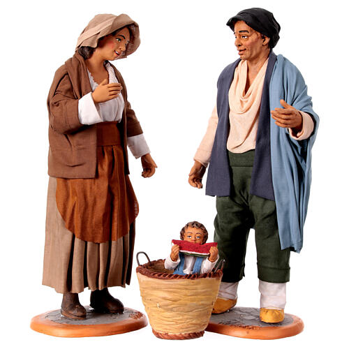 Couple with son in a basket for 30 cm Neapolitan Nativity Scene, set of 3 1