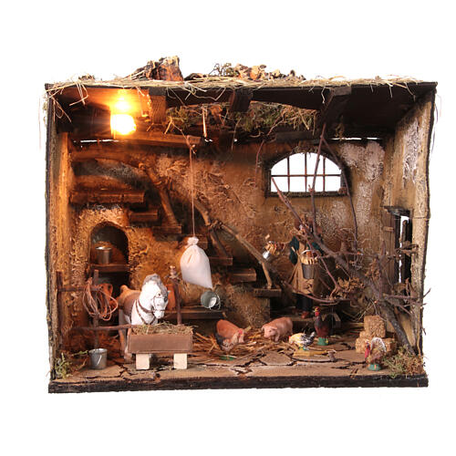 Stable with staircase, animals and lights for 10 cm Neapolitan Nativity Scene, 35x40x30 cm 1