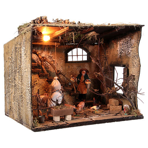 Stable with staircase, animals and lights for 10 cm Neapolitan Nativity Scene, 35x40x30 cm 3
