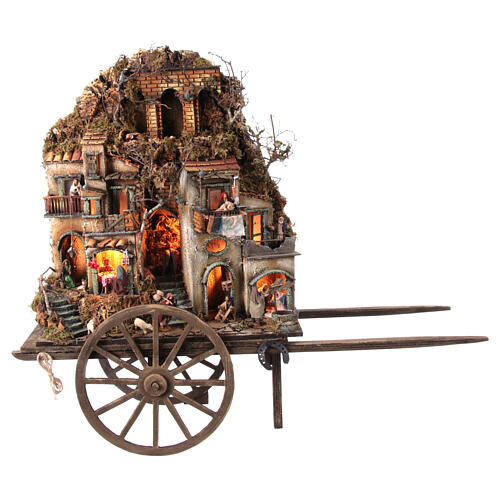 Presepe su carretto Napoli borgo luci 8 cm 80x90x25 cm 1