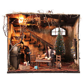Hütte mit Figurenszene und Weihnachtsbaum, neapolitanischer Stil, für 12 cm Krippe, 35x30x40 cm