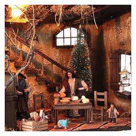 Hütte mit Figurenszene und Weihnachtsbaum, neapolitanischer Stil, für 12 cm Krippe, 35x30x40 cm