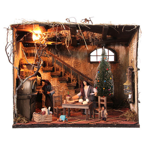 Hütte mit Figurenszene und Weihnachtsbaum, neapolitanischer Stil, für 12 cm Krippe, 35x30x40 cm 1