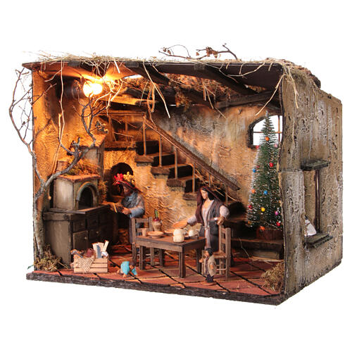 Hütte mit Figurenszene und Weihnachtsbaum, neapolitanischer Stil, für 12 cm Krippe, 35x30x40 cm 3