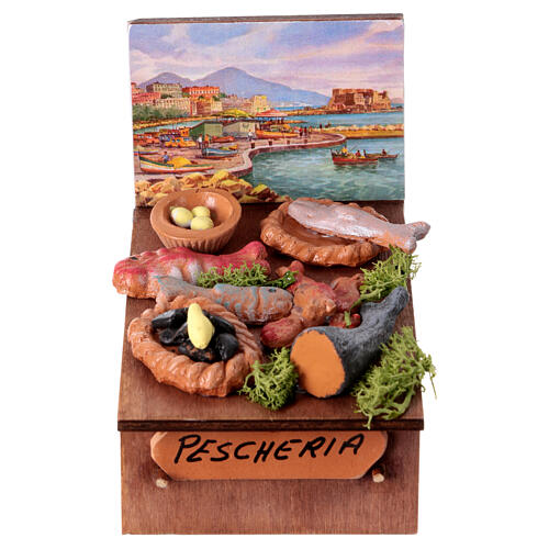 Fisch-Verkaufsstand, "Peschiera", Krippenzubehör, neapolitanischer Stil, für 10 cm Krippe, 10x10x5 cm 1