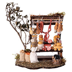 Verkaufsstand mit Wurstwaren, Käse und Gebäck, Krippenzubehör, neapolitanischer Stil, für 10 cm Krippe, 15x15x15 cm