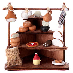 Eckverkaufsstand mit Käse und Wurstwaren, Krippenzubehör, neapolitanischer Stil, für 6 cm Krippe, 10x10x5 cm