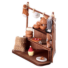 Cheese and meat stall for 6 cm Neapolitan Nativity Scene, wood and terracotta, 10x10x5 cm